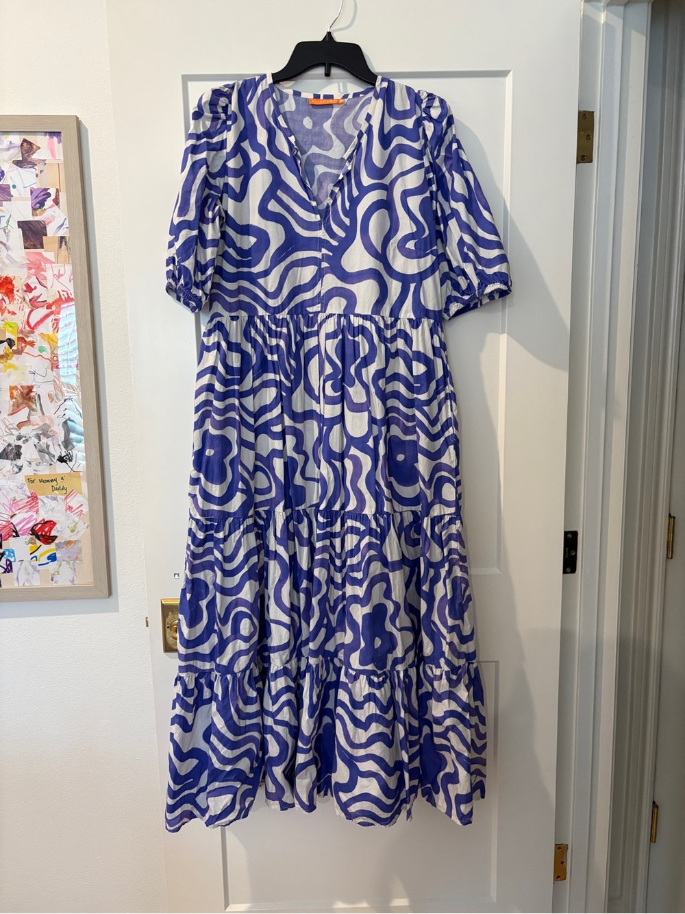 Oliphant Blue & White Abstract V-Neck Tiered Maxi Dress